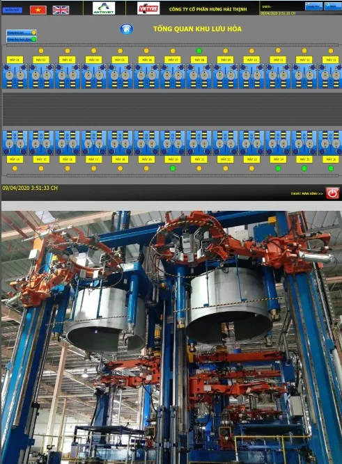 Installation of used vulcanization machines, replacement of equipment, and reprogramming of the controller at Phu Giao Factory.