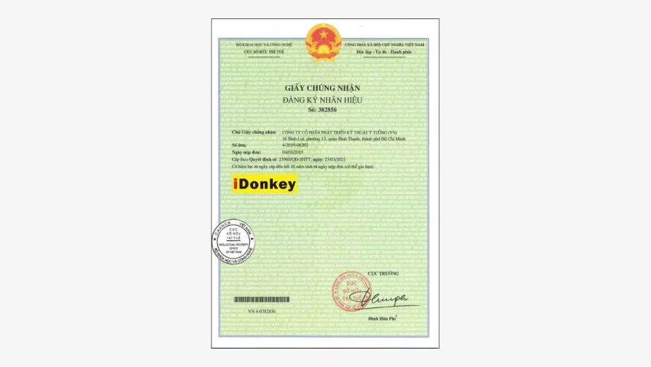 Giấy chứng nhận Đăng ký Nhãn hiệu "iDonkey"