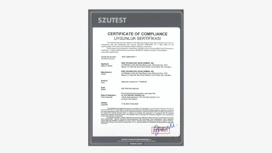 Certificate of Compliance with European Standards for Automation Machines