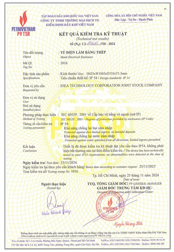 IDEA sở hữu hệ thống chứng nhận quốc tế toàn diện 3 IDEA đạt Giấy chứng nhận IP54