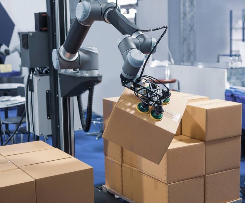 Cobot palletizing is a flexible and space-saving automation solution designed for low to medium throughput palletizing applications where human-robot collaboration is required. Unlike traditional industrial robots, collaborative robots are equipped with advanced safety features that allow them to operate alongside workers without extensive safety fencing. IDEA’s cobot palletizing systems are ideal for manufacturers seeking a fast return on investment, simple installation, and easy operation. These systems are especially suitable for frequent product changes, limited floor space, and operations transitioning from manual palletizing to automation. With intuitive programming and compact design, cobot palletizing provides a practical entry point into automated palletizing.